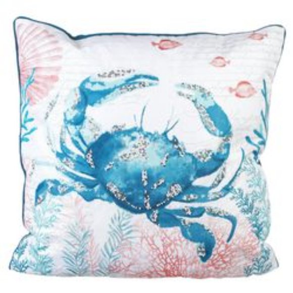 Beaded Coastal Blue Crab Decorative 2Pc Throw Pillow Case & Pillow 18"x18" NWT! - Picture 1 of 14
